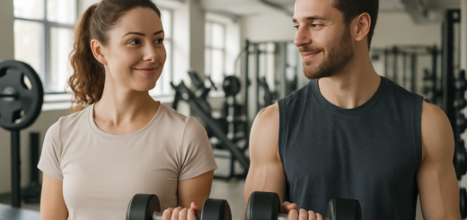 Two friends in a gym lifting dumbbells while smiling at each other.