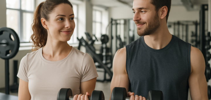 Two friends in a gym lifting dumbbells while smiling at each other.