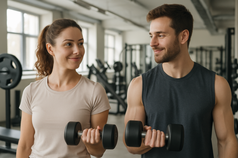 Two friends in a gym lifting dumbbells while smiling at each other.