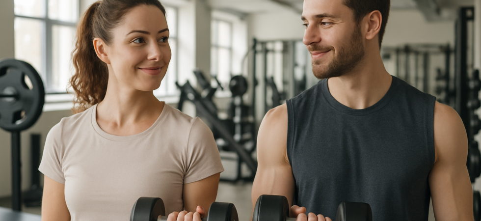 Two friends in a gym lifting dumbbells while smiling at each other.