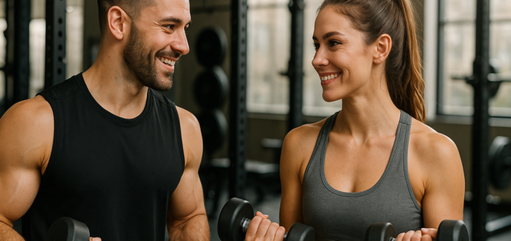 Two fit people in a gym smiling at each other while lifting dumbbells shoulder‑level in a training session of conversation.