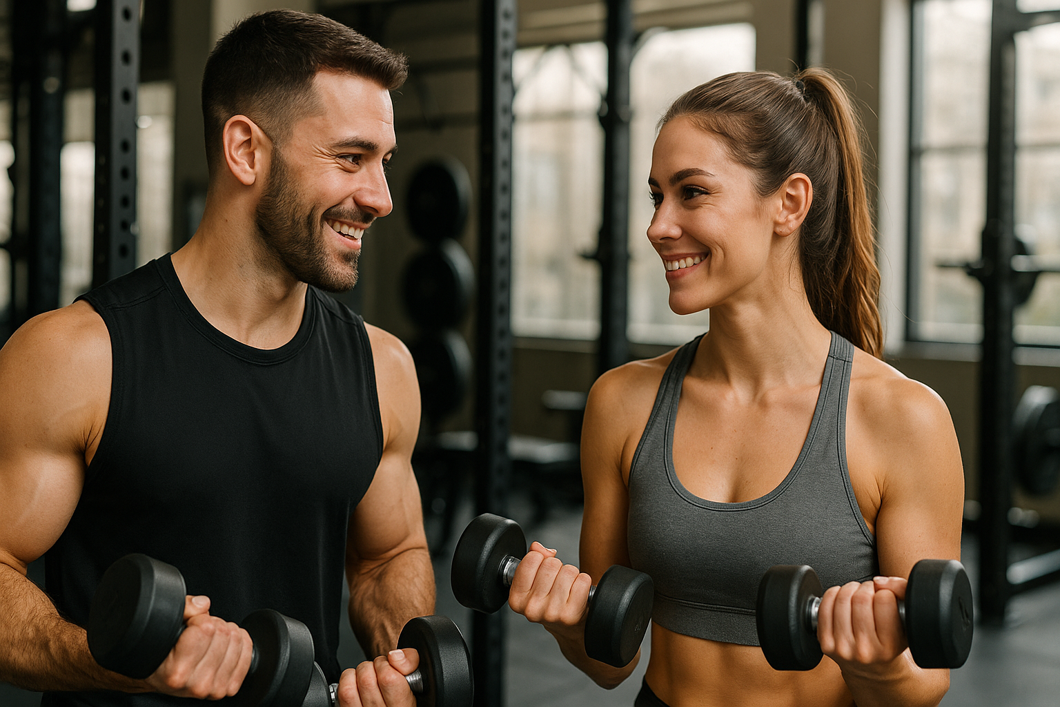 Two fit people in a gym smiling at each other while lifting dumbbells shoulder‑level in a training session of conversation.