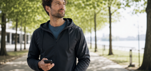 Man in a dark jacket holding a smartphone while strolling along a tree-lined lakeside path, looking ahead thoughtfully.