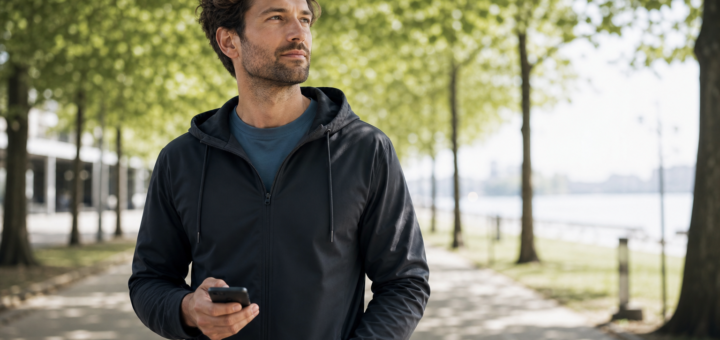 Man in a dark jacket holding a smartphone while strolling along a tree-lined lakeside path, looking ahead thoughtfully.