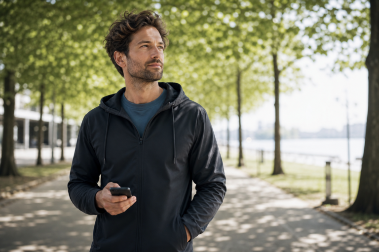 Man in a dark jacket holding a smartphone while strolling along a tree-lined lakeside path, looking ahead thoughtfully.