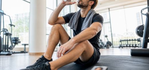 Athlete sitting on a gym mat, drinking water from a bottle with a towel around his neck and a smartphone on the floor nearby.