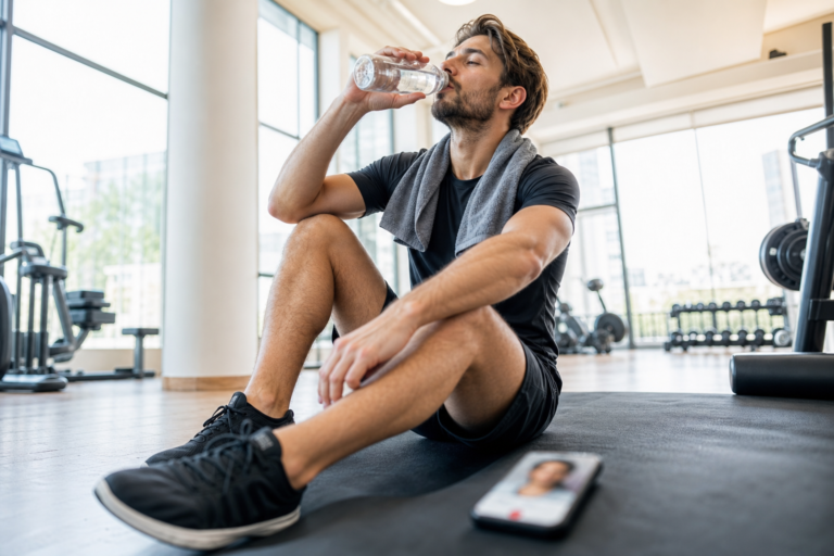 Athlete sitting on a gym mat, drinking water from a bottle with a towel around his neck and a smartphone on the floor nearby.