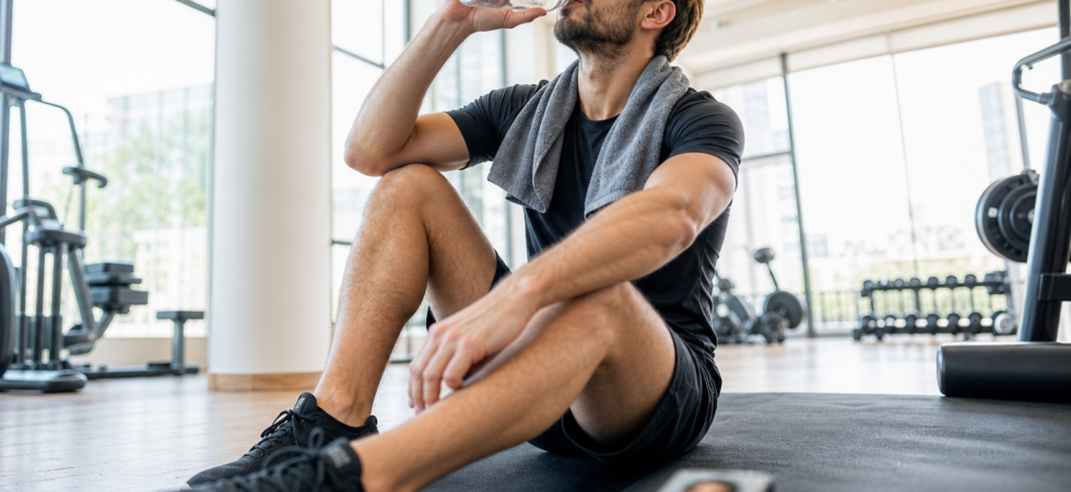 Athlete sitting on a gym mat, drinking water from a bottle with a towel around his neck and a smartphone on the floor nearby.