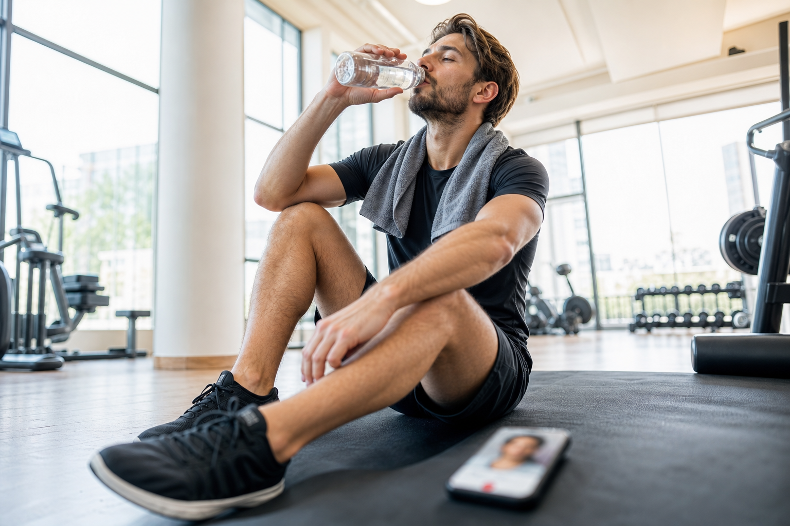 Athlete sitting on a gym mat, drinking water from a bottle with a towel around his neck and a smartphone on the floor nearby.